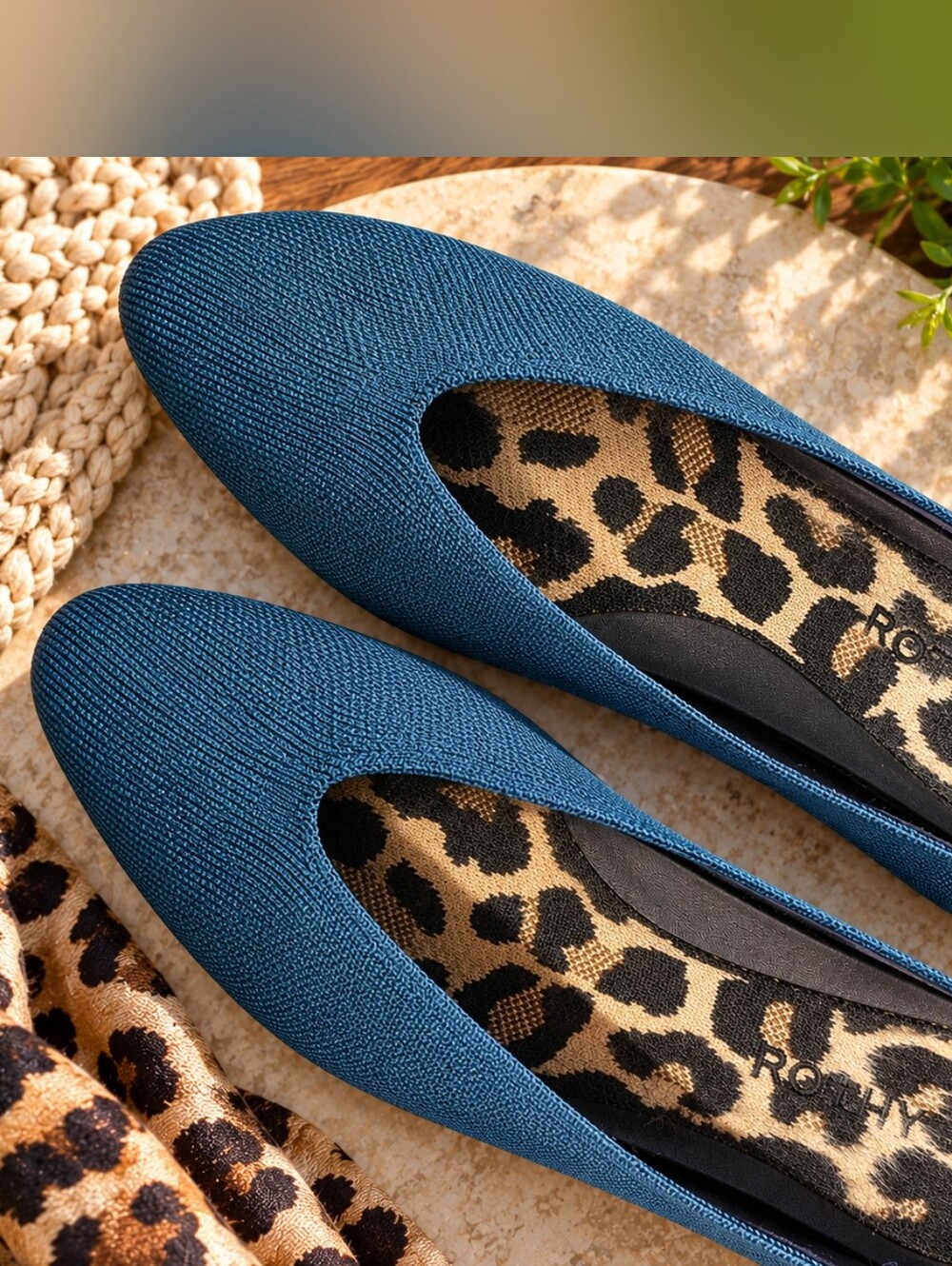 Rothy's The Point Mules Teal Blue Leopard Insoles Slip On Pointed Toe Flats Sz 8